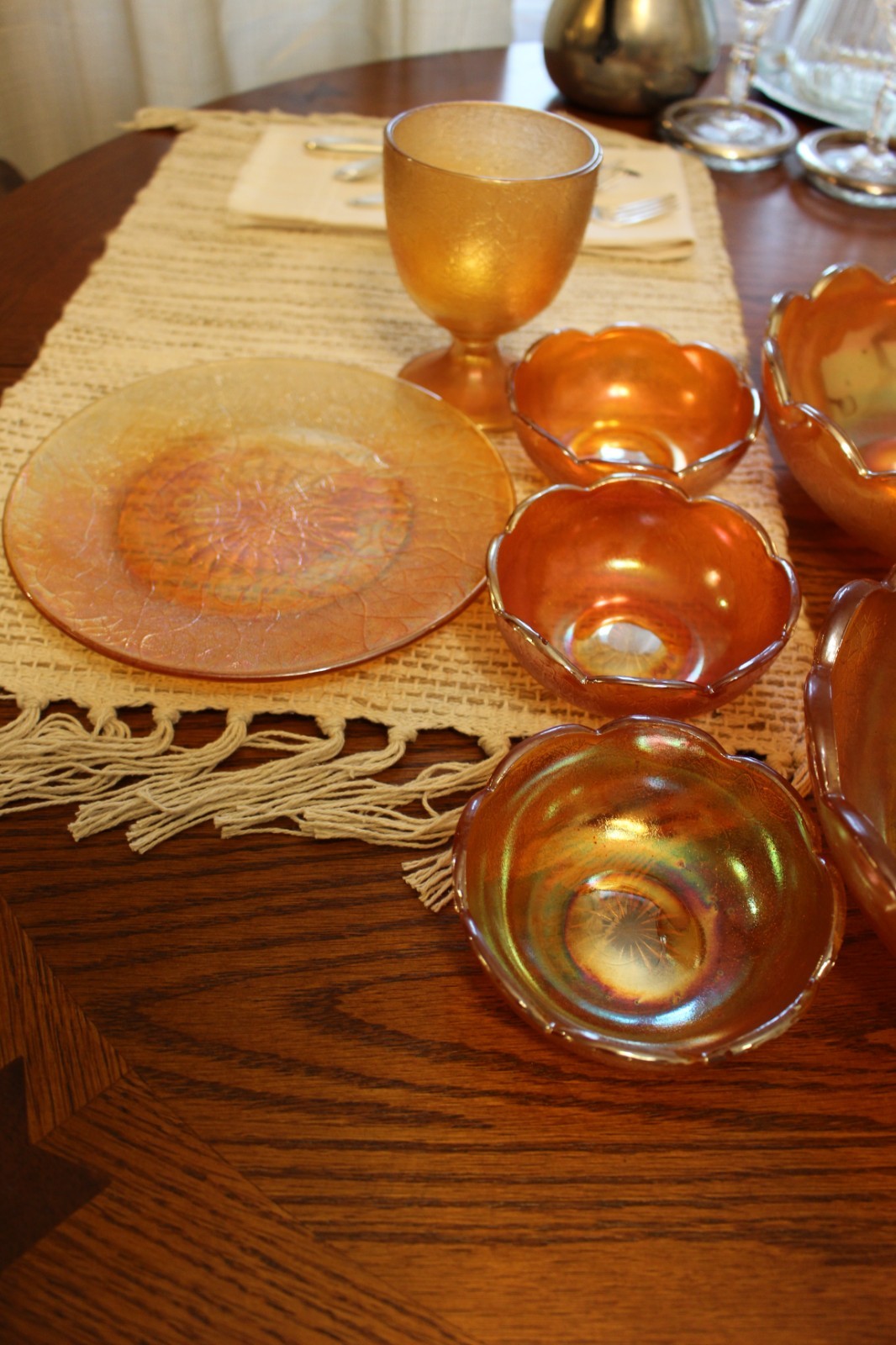 Jeannette Crackle Marigold Carnival Glass Lot Bowls Plates Goblet Candy Dish