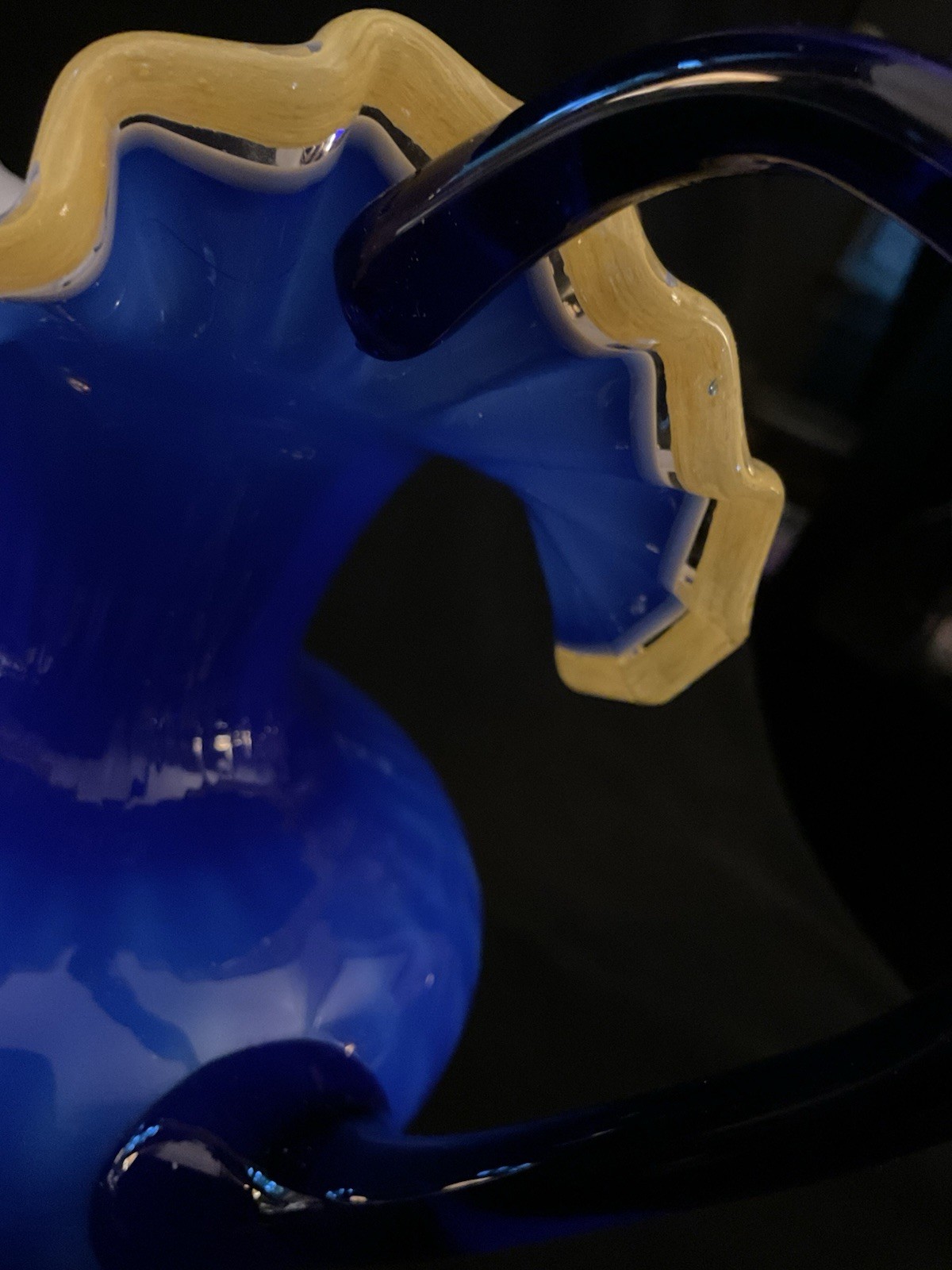 2 MCM Arte Murano Kristall Mery Cobalt Blue Pitcher W/Yellow Ruffled Rim 8.5