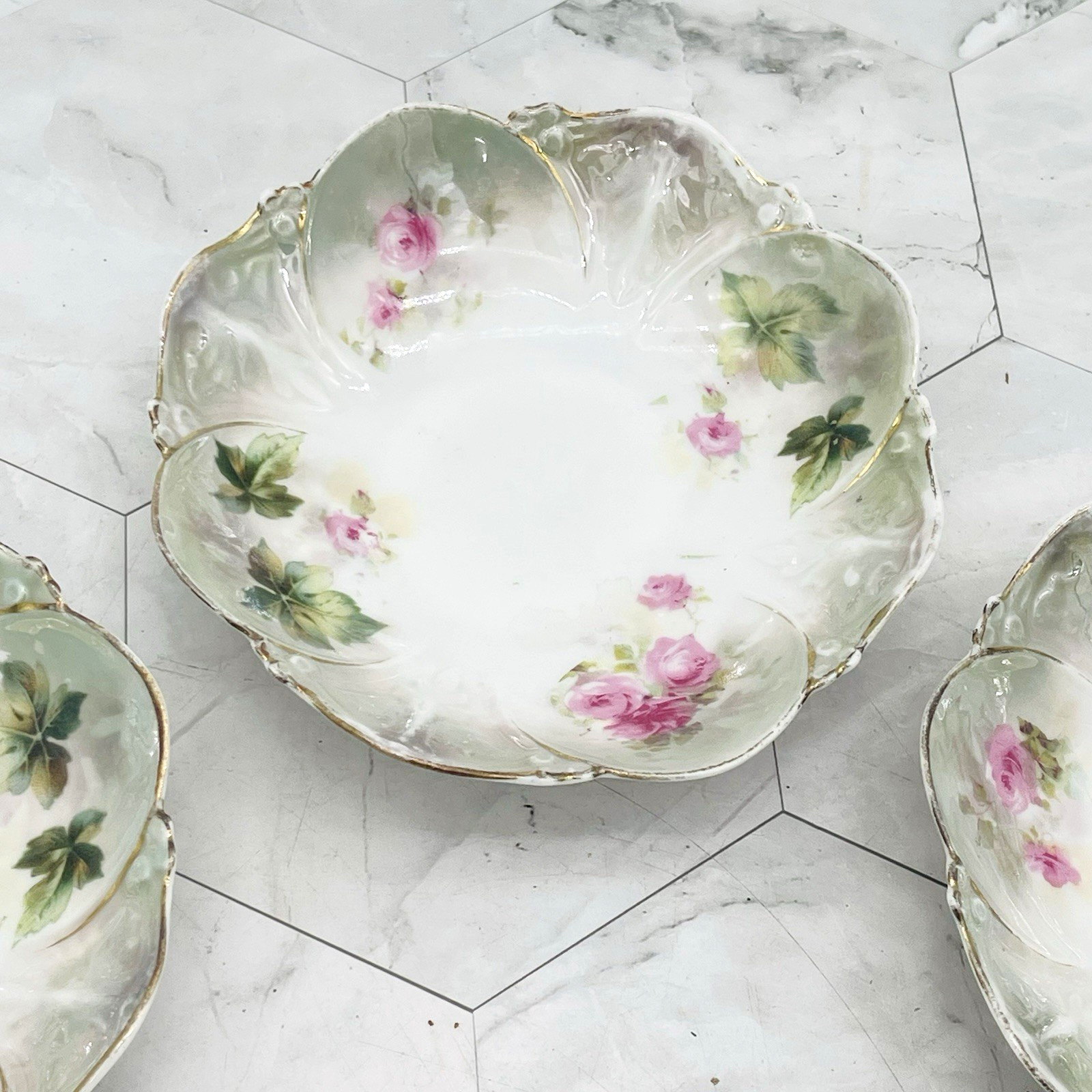 Lot of 6 Antique Signed R S Prussia Floral Berry Bowls Green Gold Rim Roses 5″