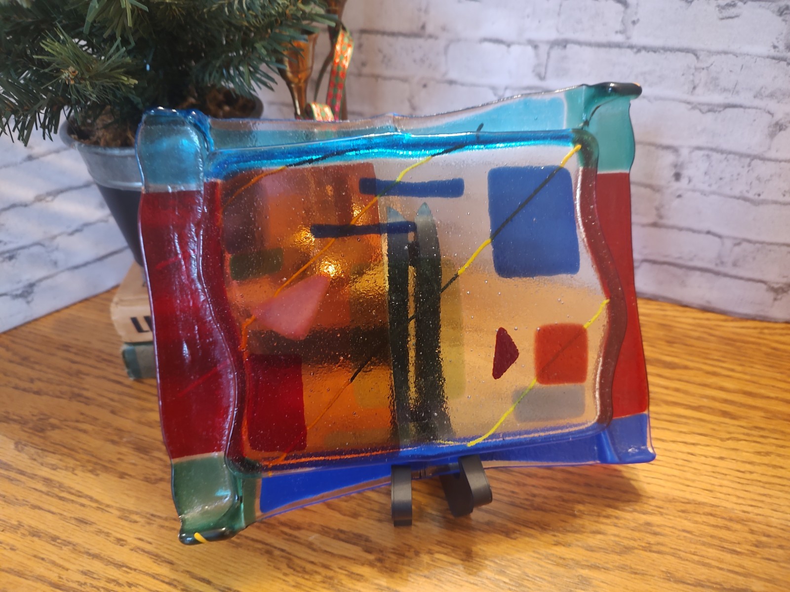 Art Glass Tray Aqua Green, Blue, Red Gold / Yellow Lines
