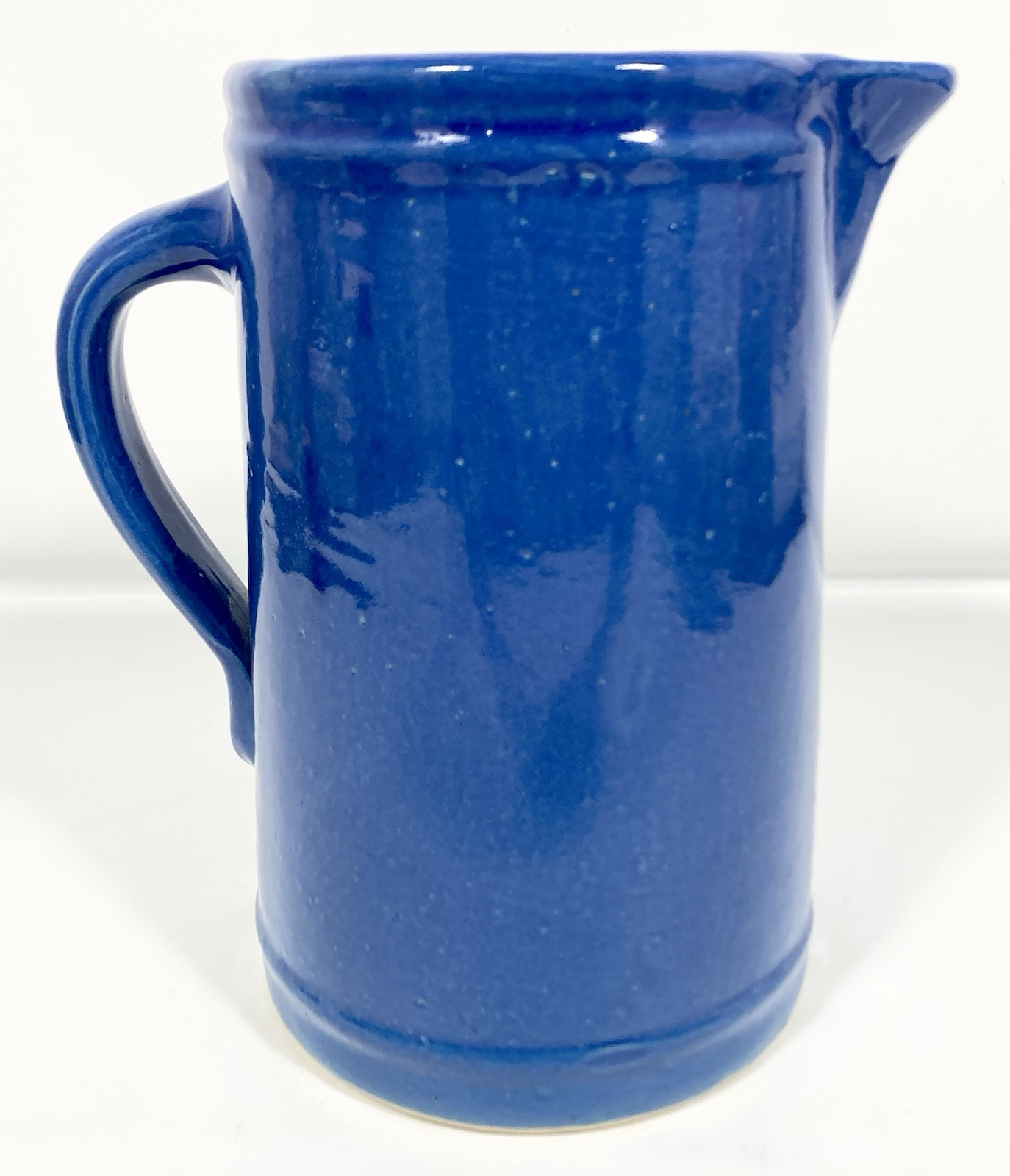 Vtg Antique Cobalt Blue Yellow Ware Stoneware PITCHER Vase 2 Qt. 8 3/4″ Tall EX