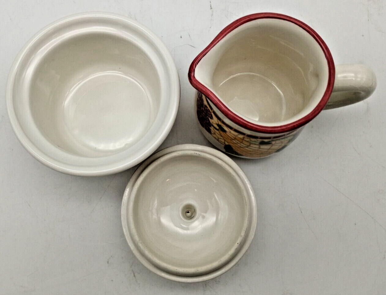 Pier 1 Set Creamer & Sugar w/Lid Mosaic Fruit Pattern Ceramic Earthenware-Italy