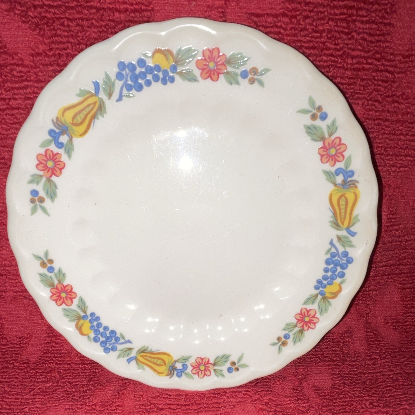 White Multicolor Floral Ceramic Round Plate 6.25in Glossy Scalloped Rim