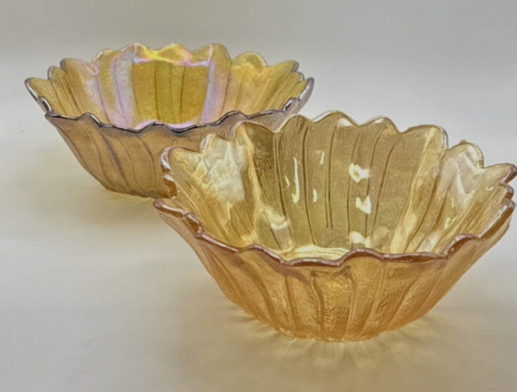 Indiana Iridescent Carnival Glass Bowl set of 2 VTG Sunflower Marigold Amber 7″
