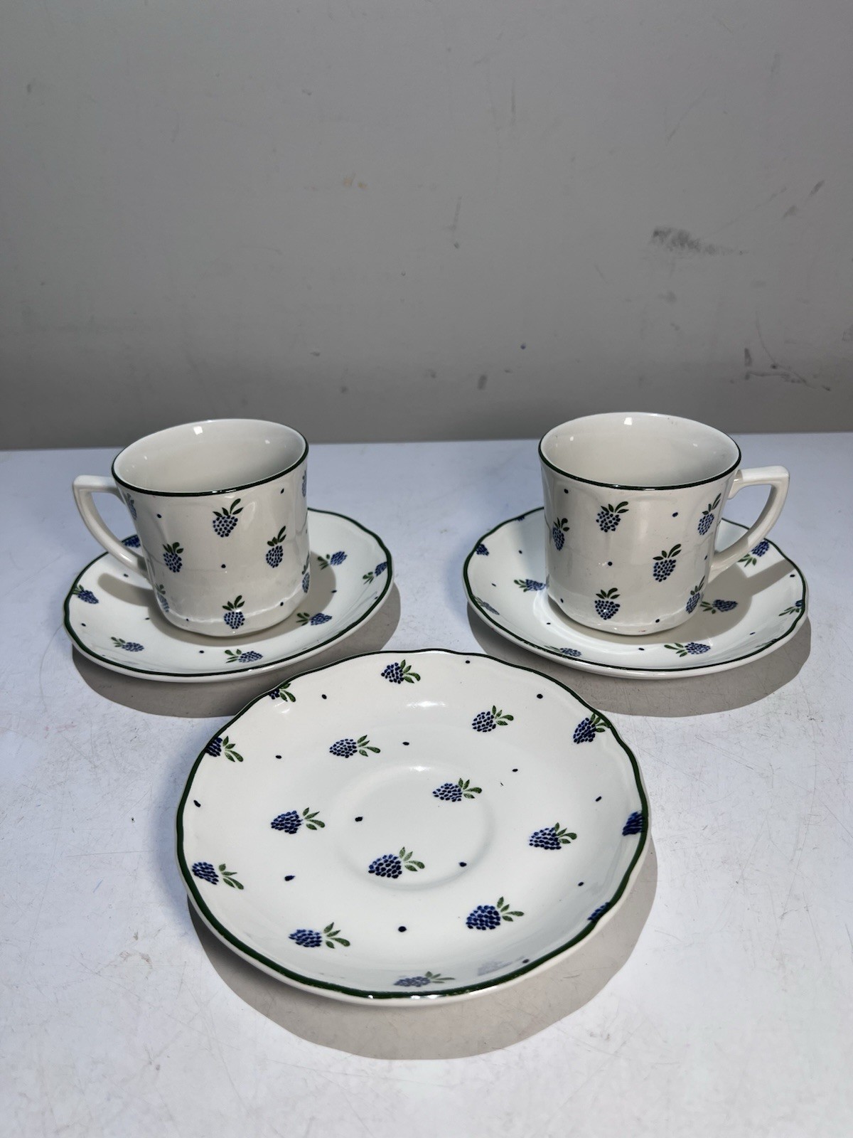 Vintage Johnson Brothers Ironstone Blue Berries 2-Teacup And 3 Saucers
