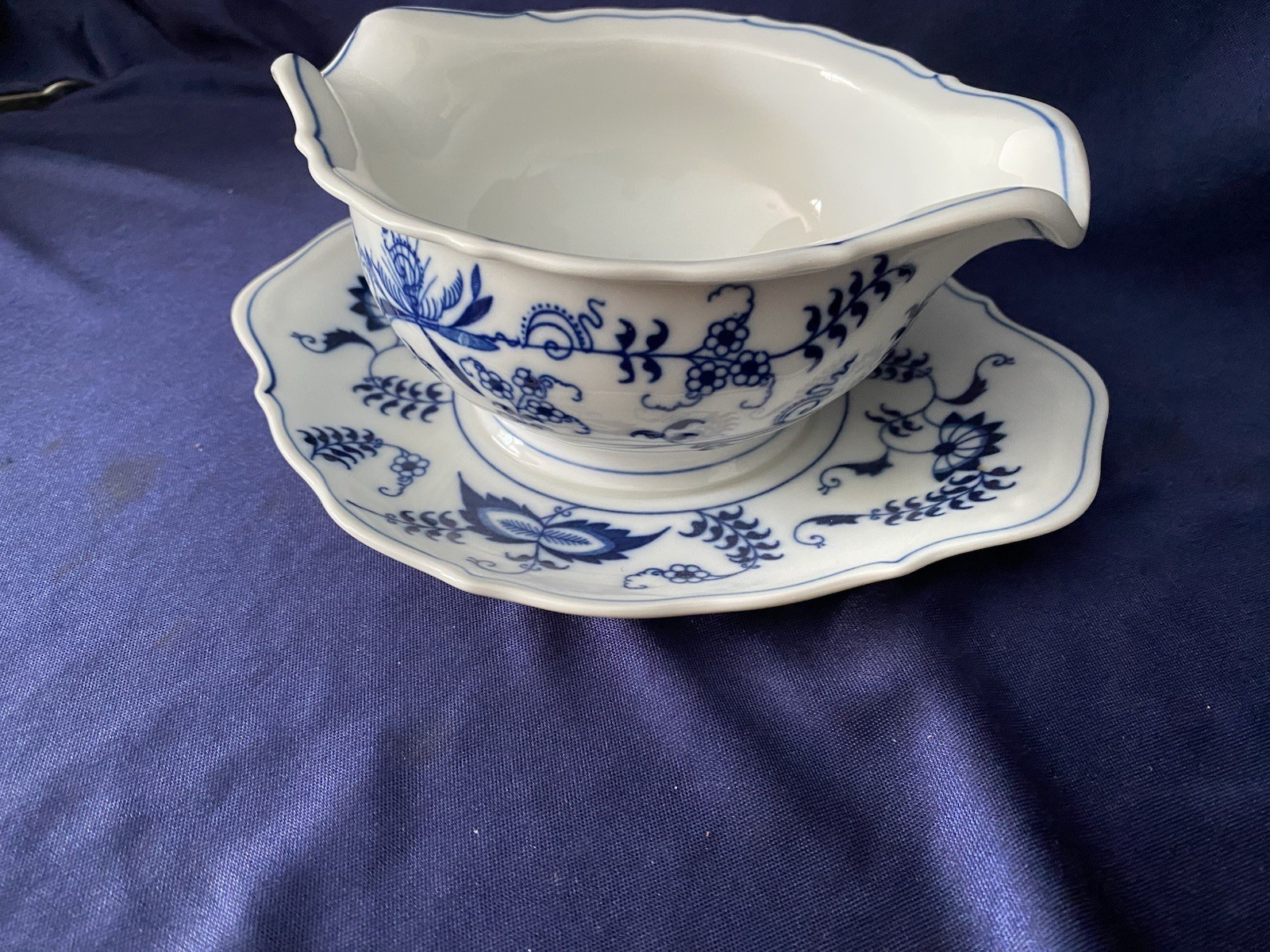 BLUE DANUBE Two Spout Gravy/Sauce Boat Attached Underplate Banner Stamp EUC