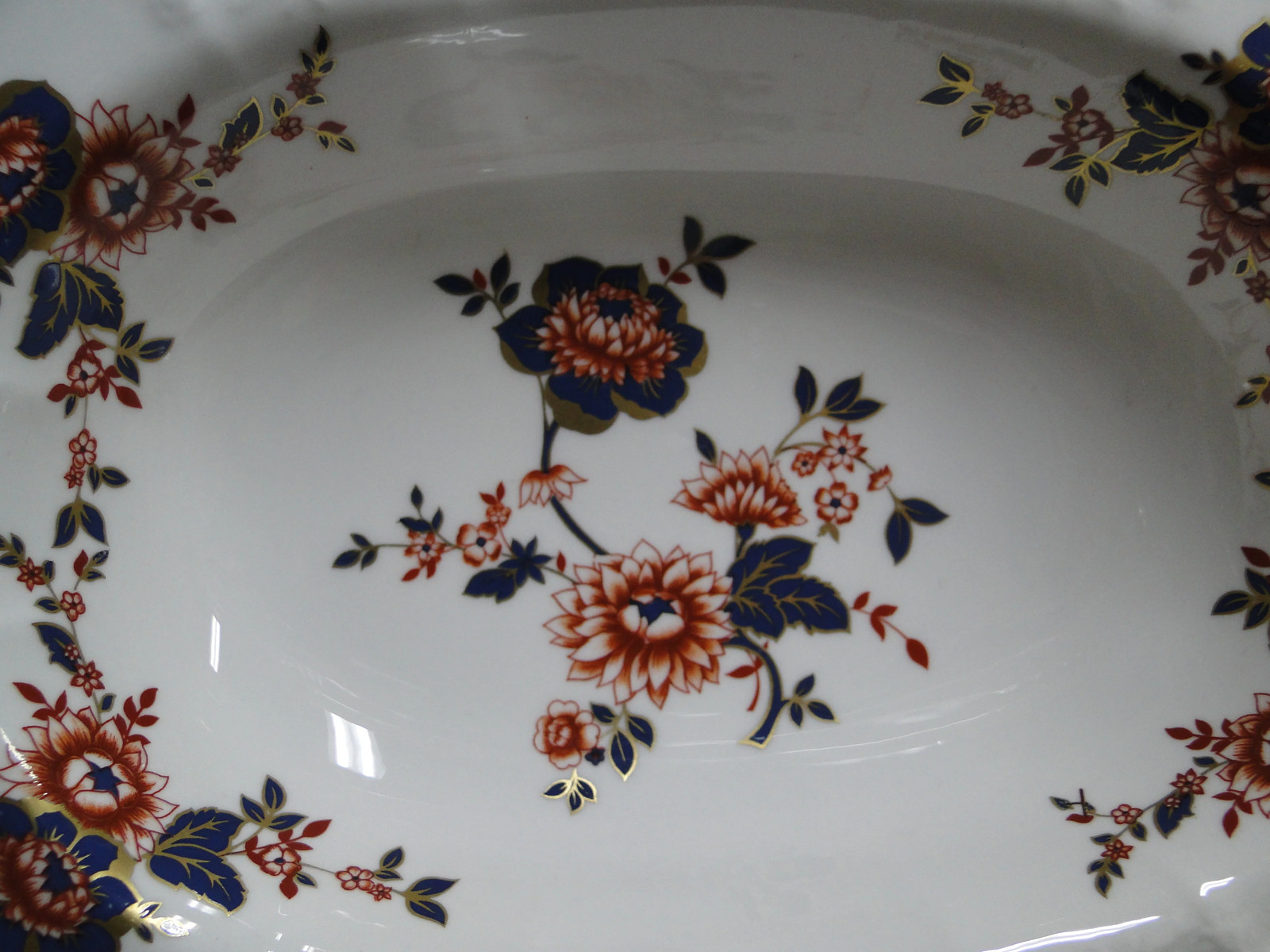 Coalport St Louis, White w/ Blue, Rust, Gold: Oval Serving Bowl, 9 3/8″