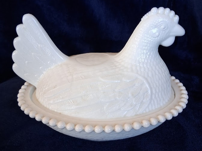 Indiana White Milk Glass Hen On Nest With Slotted Beading On Base