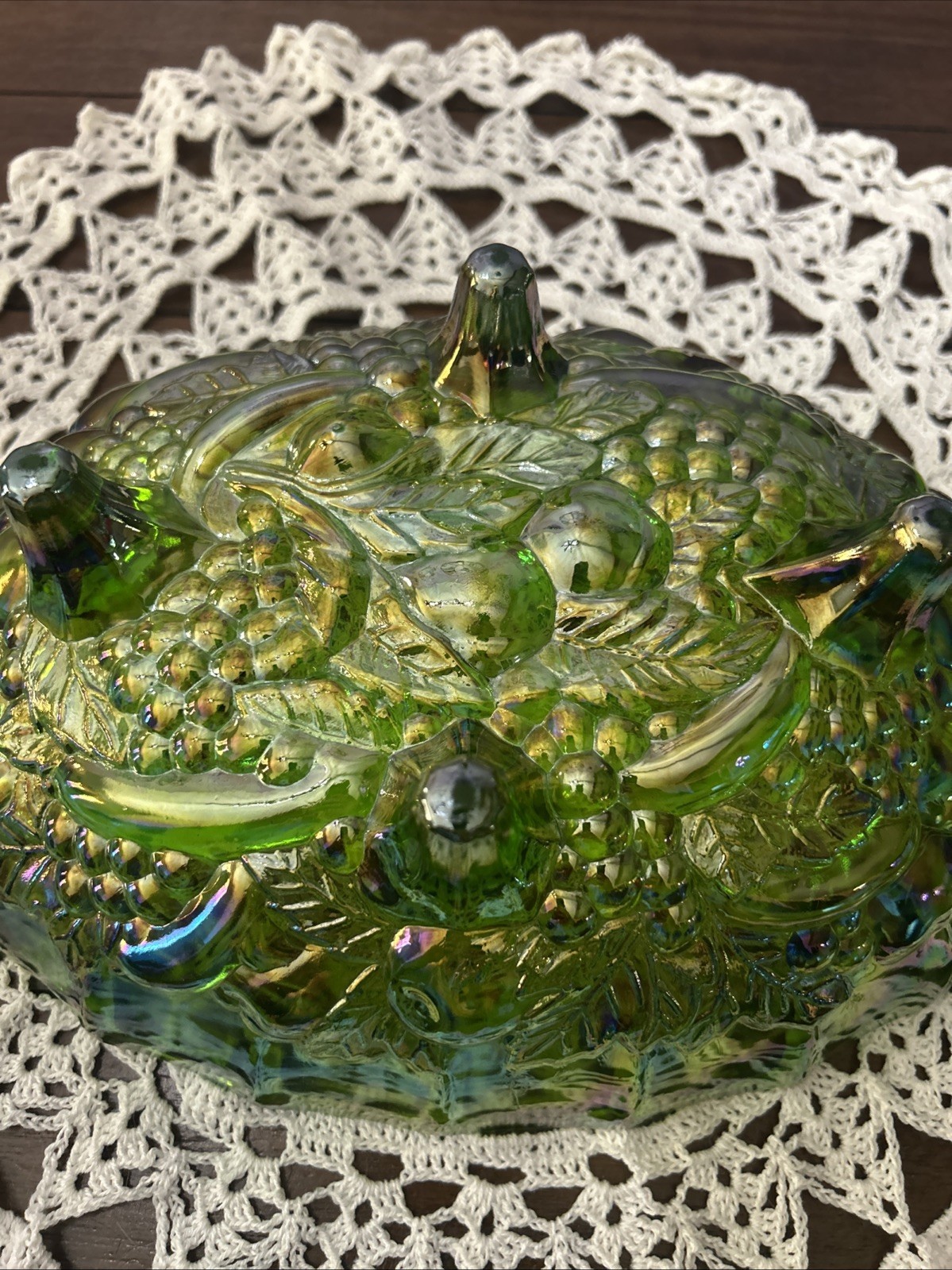 Vintage Indiana Glass Iridescent Green Carnival Glass Footed Oval Fruit Bowl 12”