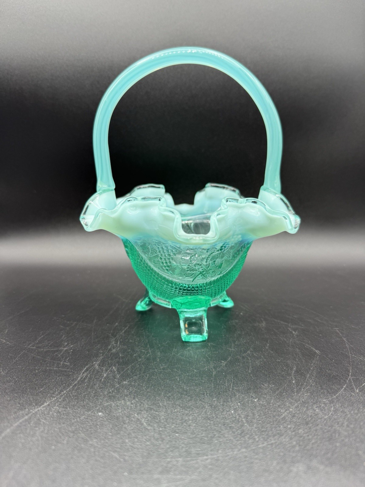 Fenton Three Toed Footed Basket Dish Bowl Aqua Blue Opalescent Grapevines