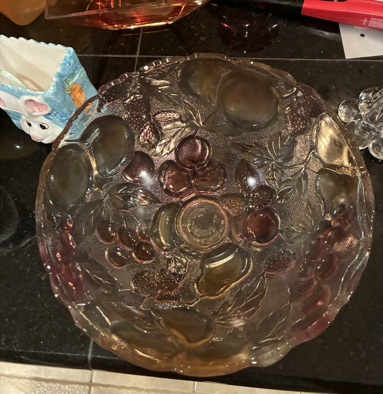 Glass Pressed Fruit and Leaves Pattern Decorative Round Fruit Bowl