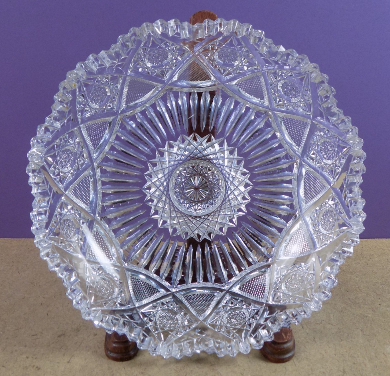 Antique American Brilliant Cut Glass Low Bowl 8″x2″ VGC Hobstar Sunburst