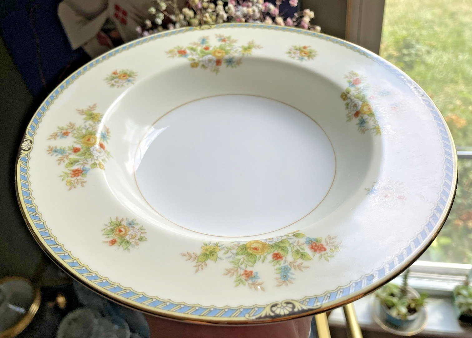 8 Rose China FLORAL Soup Salad Bowl Blue Gold Trim Occupied Japan 8″ Vintage Set