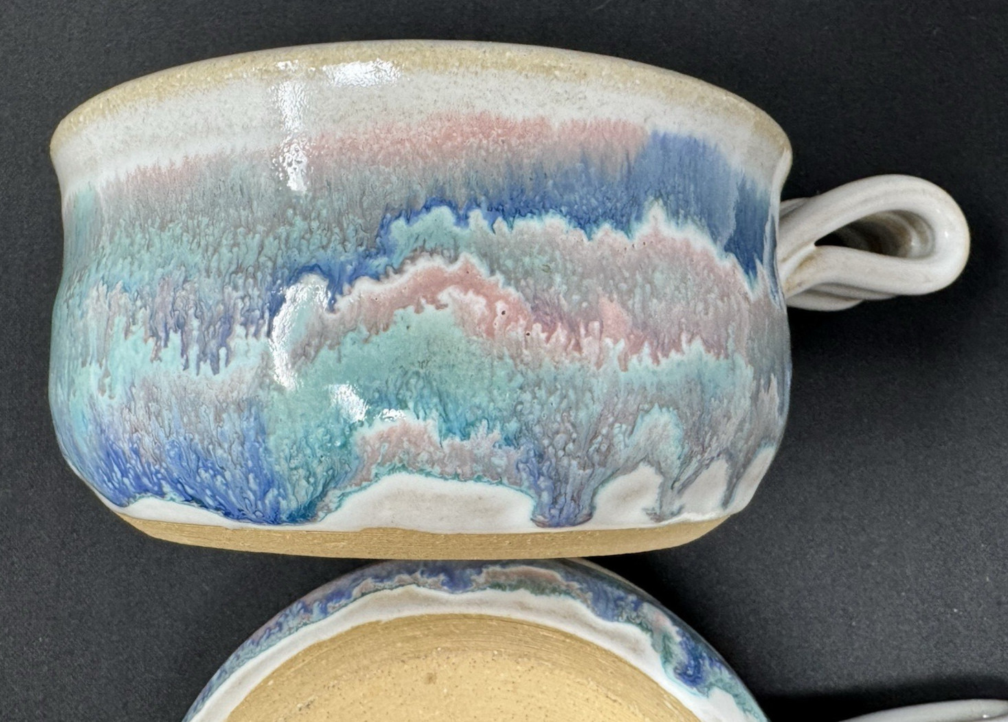 2 Small House Studio Pottery Soup Bowls ~ Drip Glaze ~ Handles ~ Sanger TX