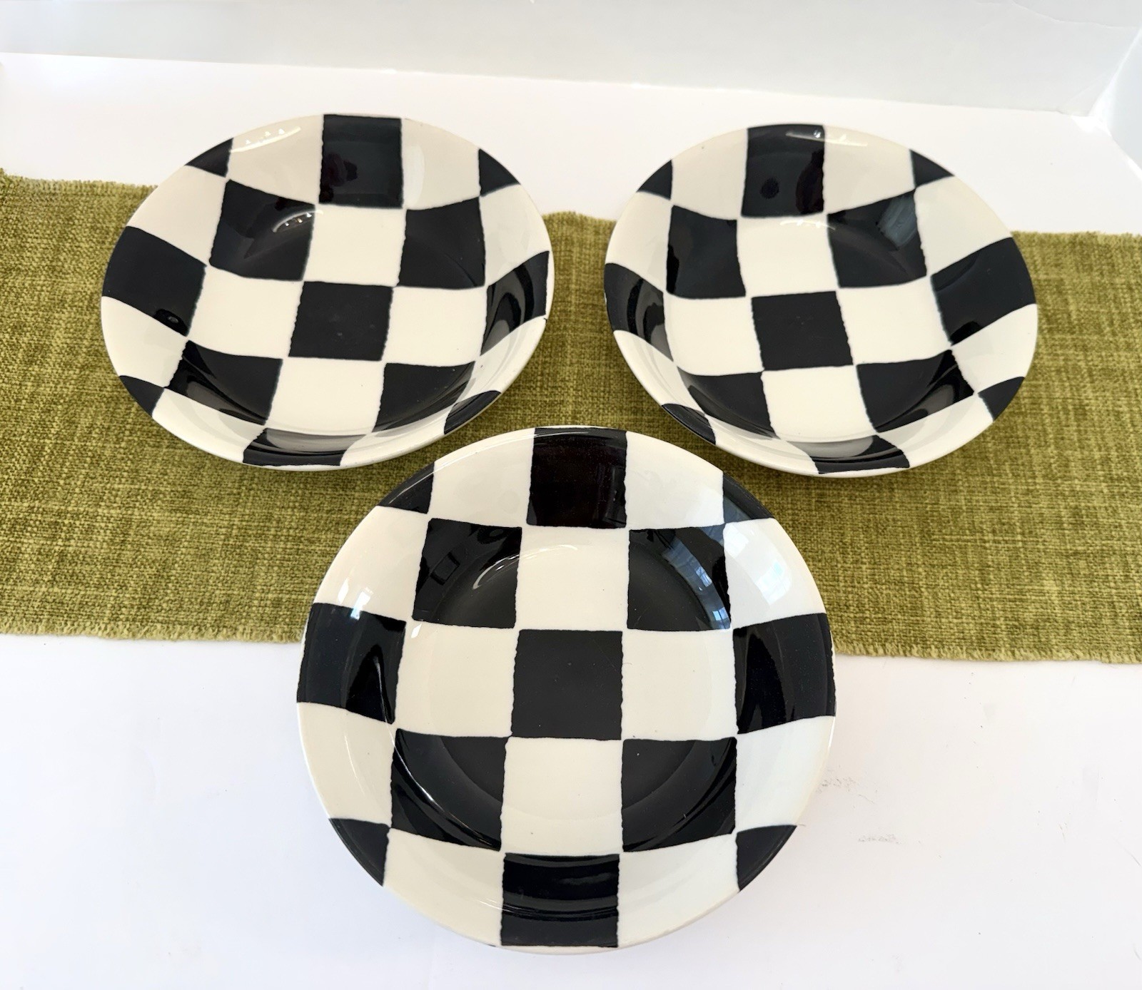 Vtg 3 Royal Stafford Cereal Bowls Black & Cream Chequers 6 3/4” Mckenzie Childs