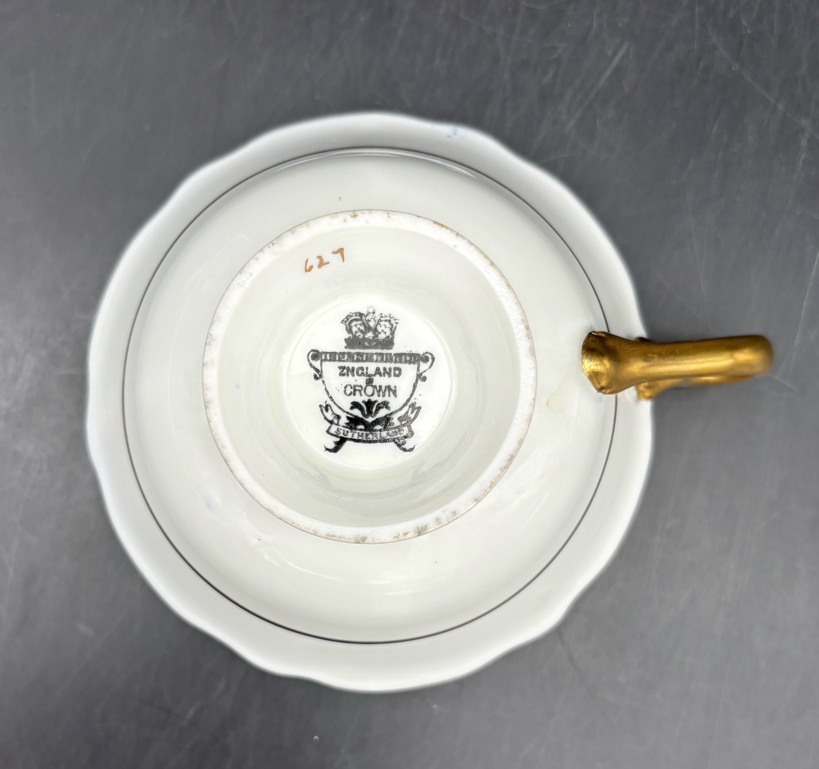 2 Heavy Gold Crown Sutherland Cups & Saucers Imported for C. Reizenstein & Sons