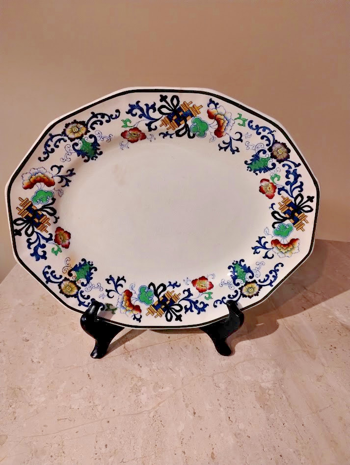 Antique Royal Doulton Burslem Nankin Oval Plate Floral/Sacred Scrolls 11.5x 9.25