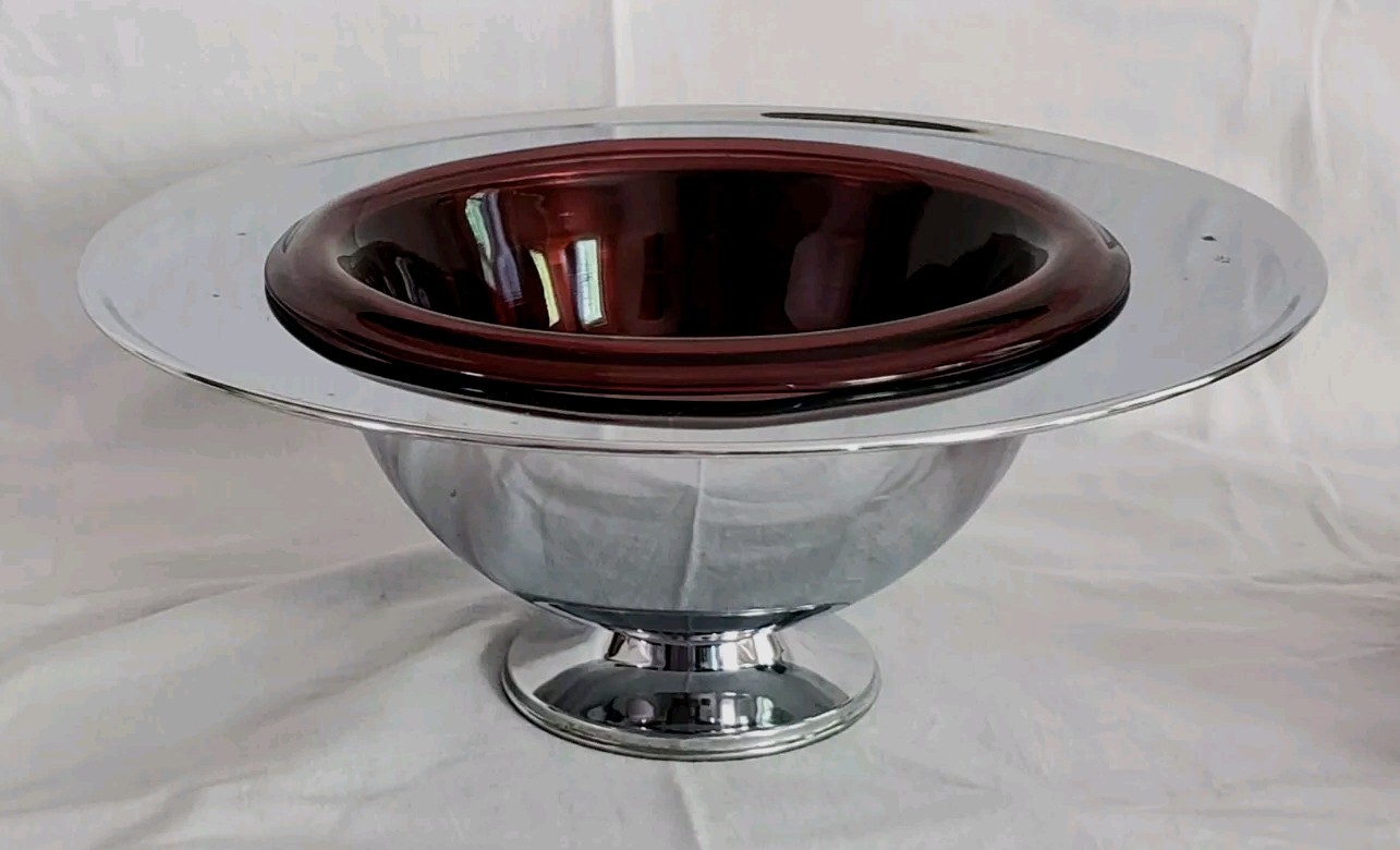 Vtg 30’s Hazel Atlas Purple Amethyst Punch Bowl Chrome Art Deco Moderntone Cups