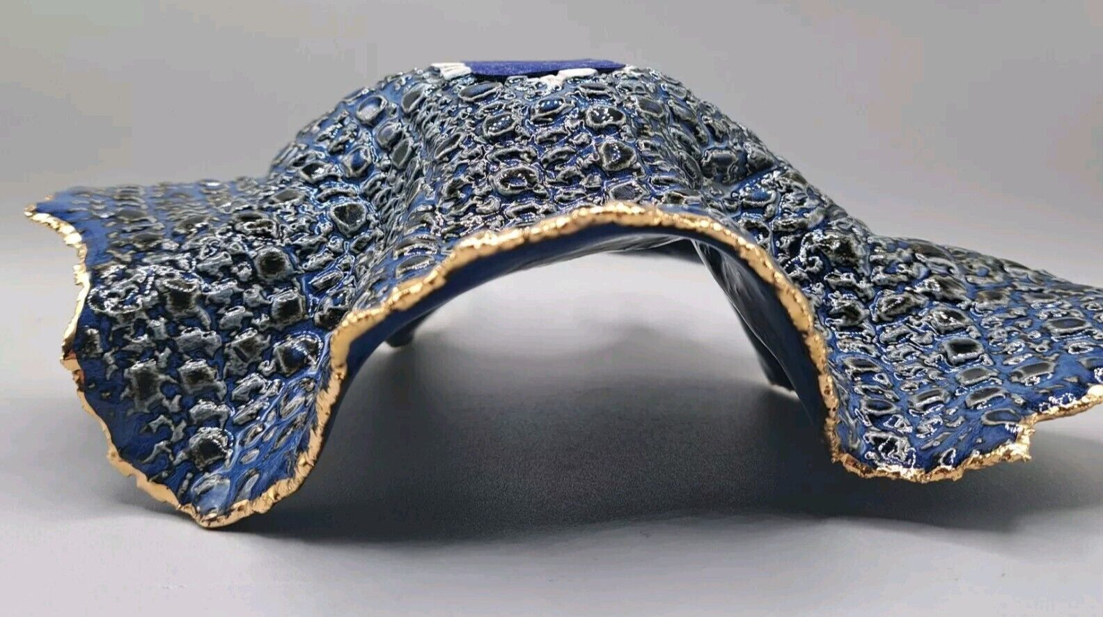 Freeform handkerchief Pottery Bowl Blue Unsigned Cobalt/Gold Trim OrganicTexture