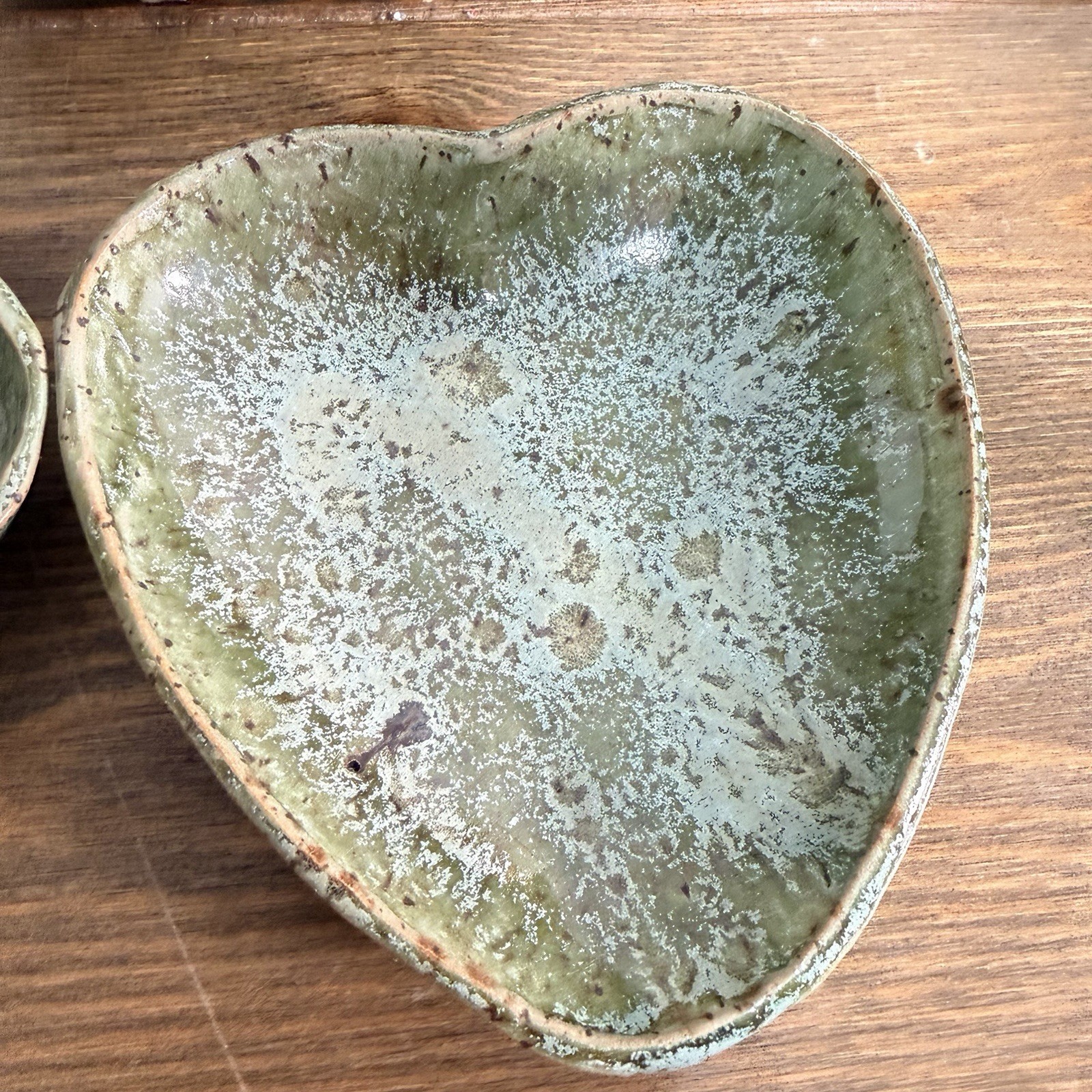 Ceramic Studio Art Pottery Glazed Heart Leaf Print Trinket Dish Tray Signed 3