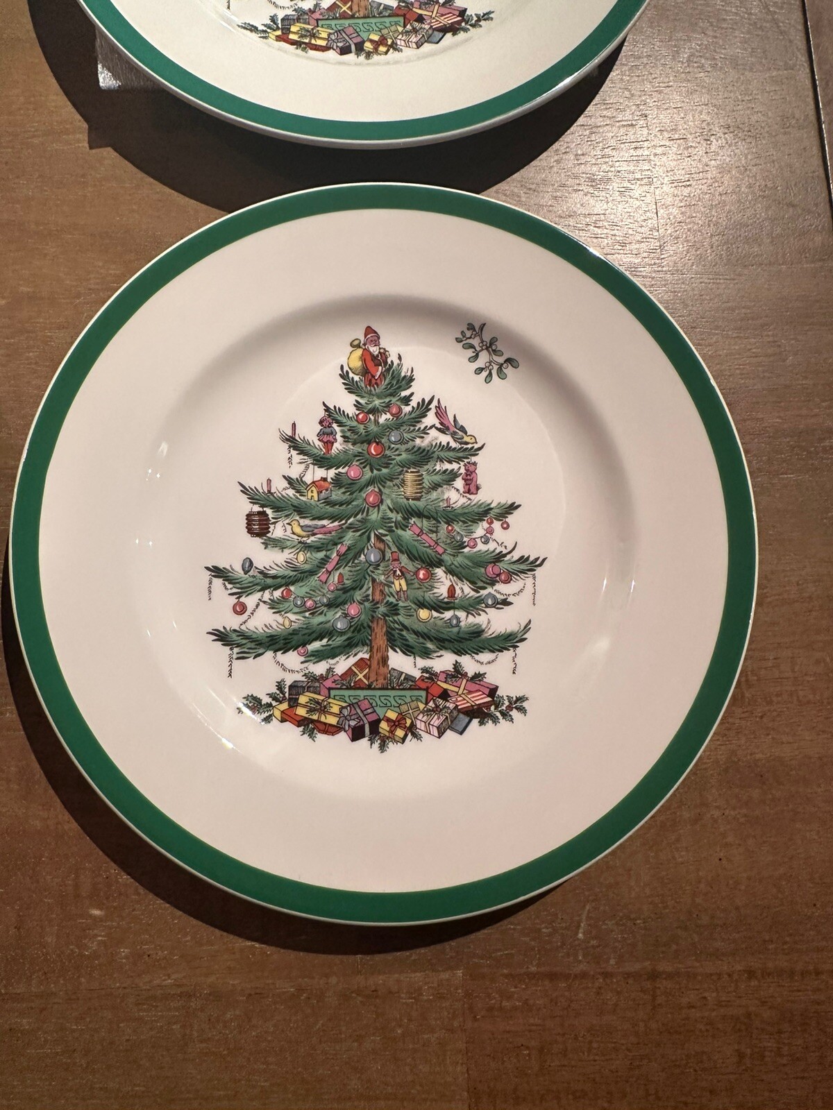 NEW Set 4 SPODE Christmas Tree Salad 8″ Plates Green Trim #3324 Dessert w/box