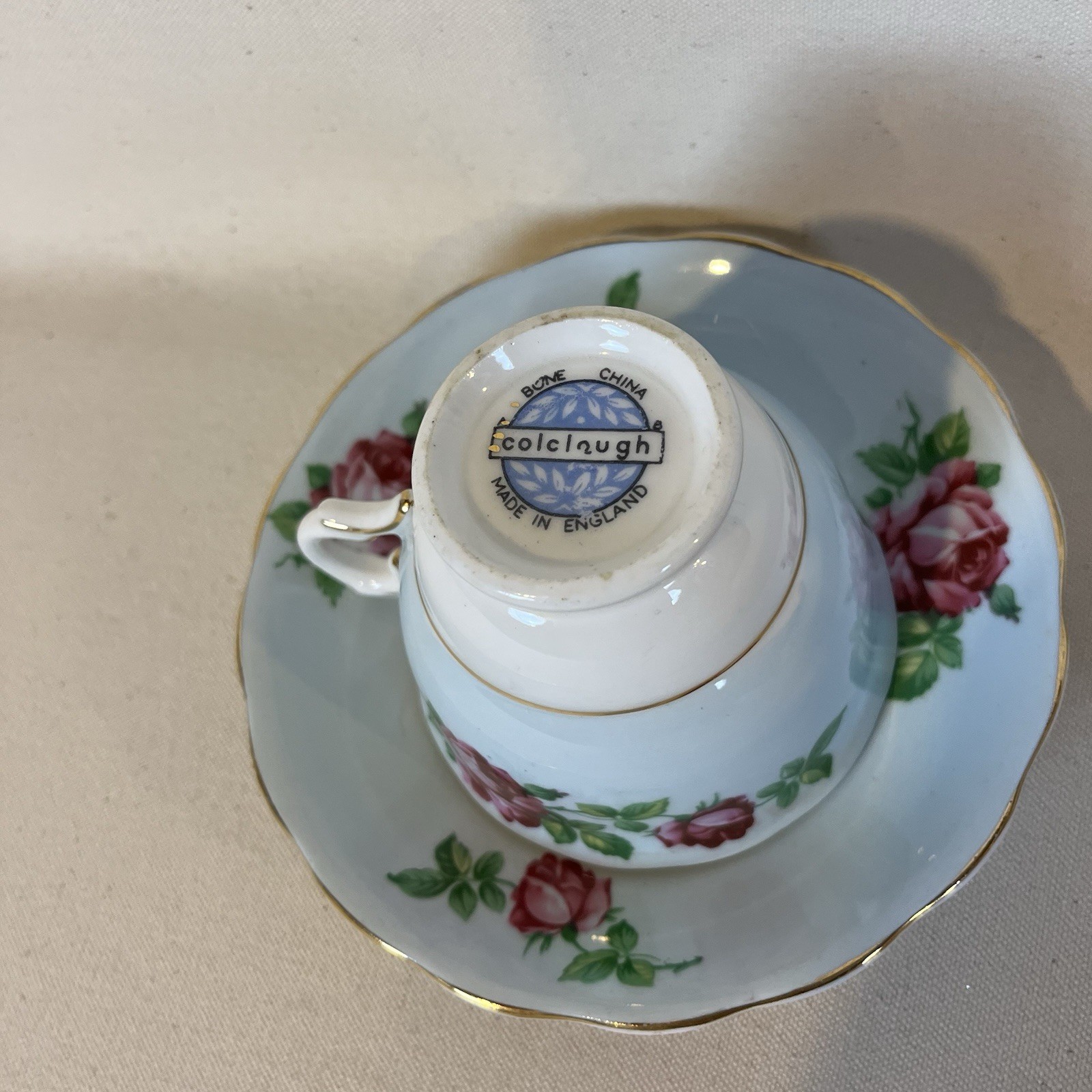 Colclough Bone China Tea Cup & Saucer Pink Roses Pale Blue Band Gold Trim