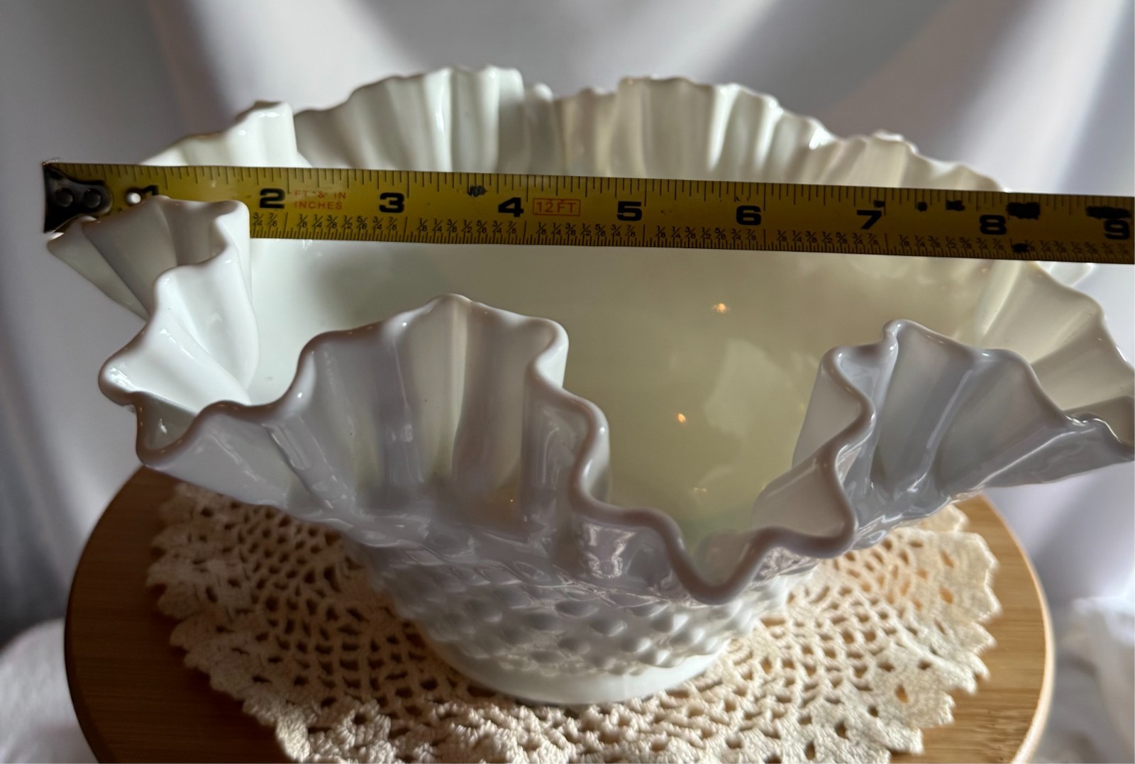 Vintage Fenton Hobnail White Milk Glass Bowl with Ruffled Edge 9″