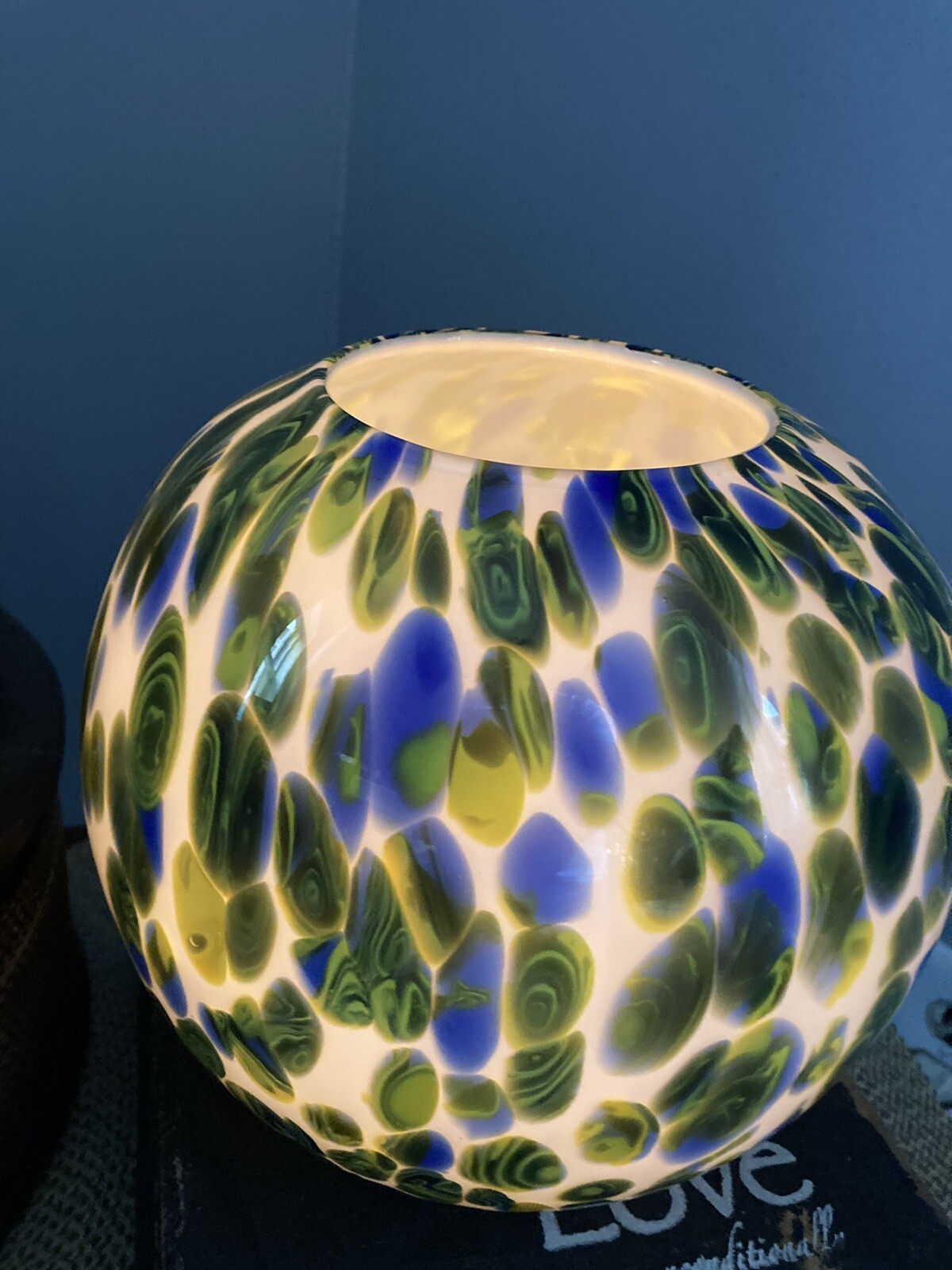 Round Ball Vase Cobalt Blue Yellow Green & White Glass.