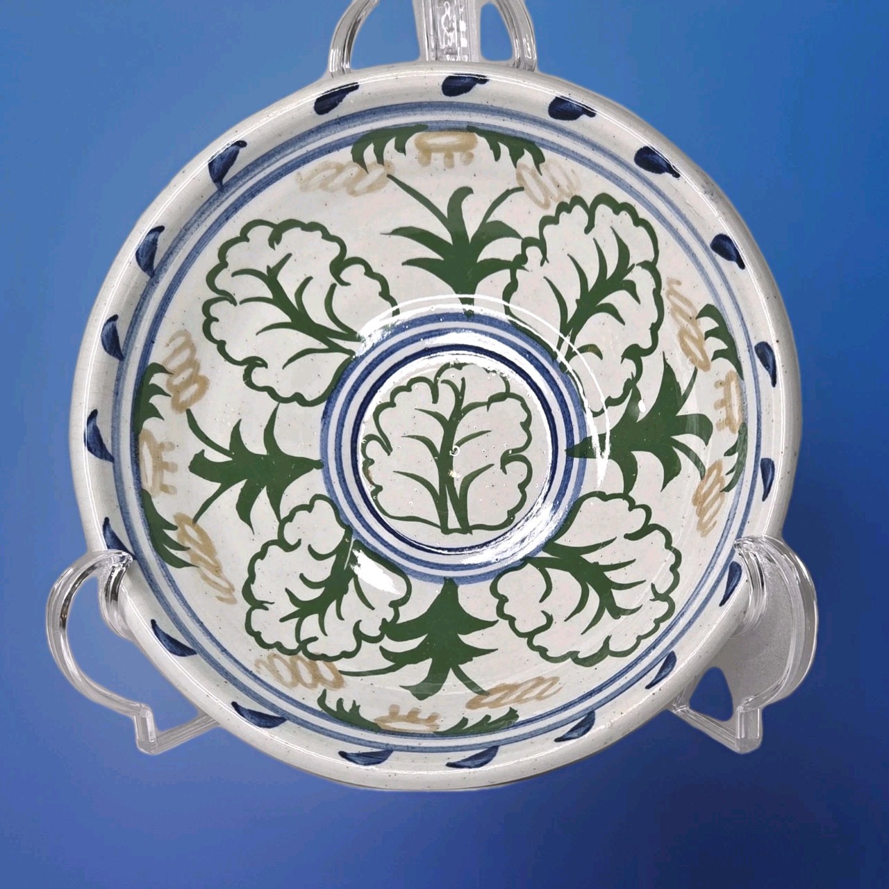 Jamestown Pottery Bowl Reproduction Green Blue USA 8.25″