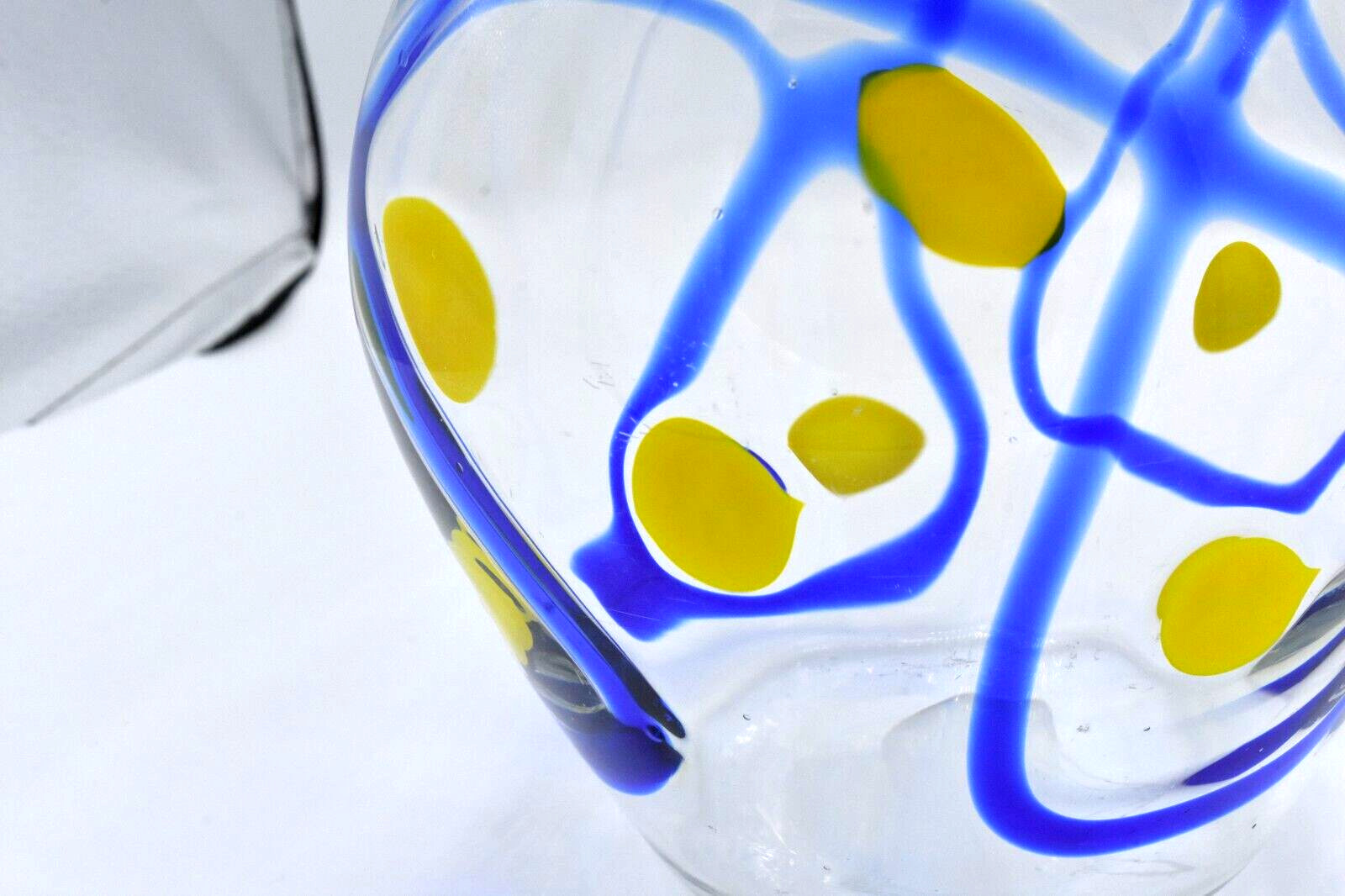 Hand Blown Art Glass Vase Clear with Cobalt Blue Swirls Yellow Spots Mexico?