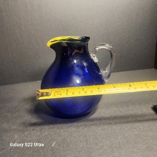 Hand Blown Art Glass Cobalt Blue Pitcher / Yellow W/ Applied Clear Glass Handle