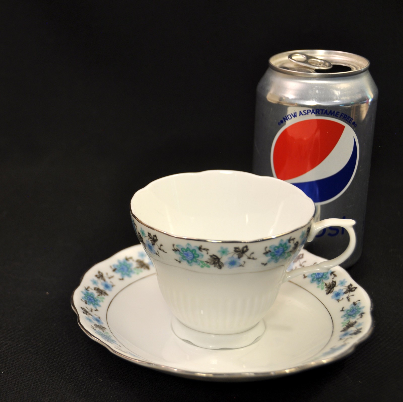 Cup & Saucer Floral w/Platinum on White Blue Black Scalloped Made in China