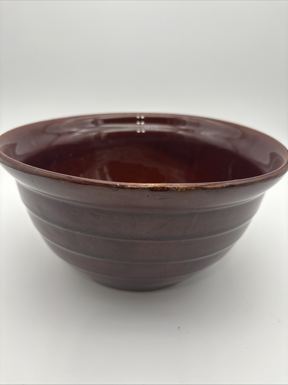 Vintage Marcrest brown-glazed stoneware mixing bowl 9in.