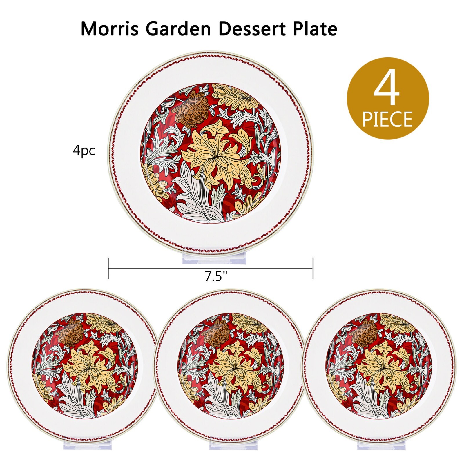4pc Morris Garden Dessert Plate Set Bone China Side Plate Porcelain Bread Plate