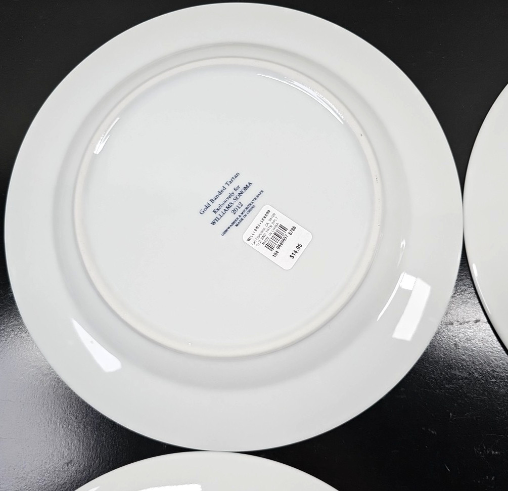 4) Williams Sonoma Gold Banded Tartan Dinner Plates Set Plaid Serving Dishes Lot