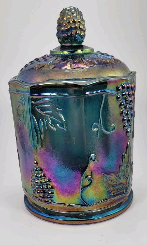 Vintage Indiana Blue Grape Harvest Carnival Glass Candy Canister Lid Chipped