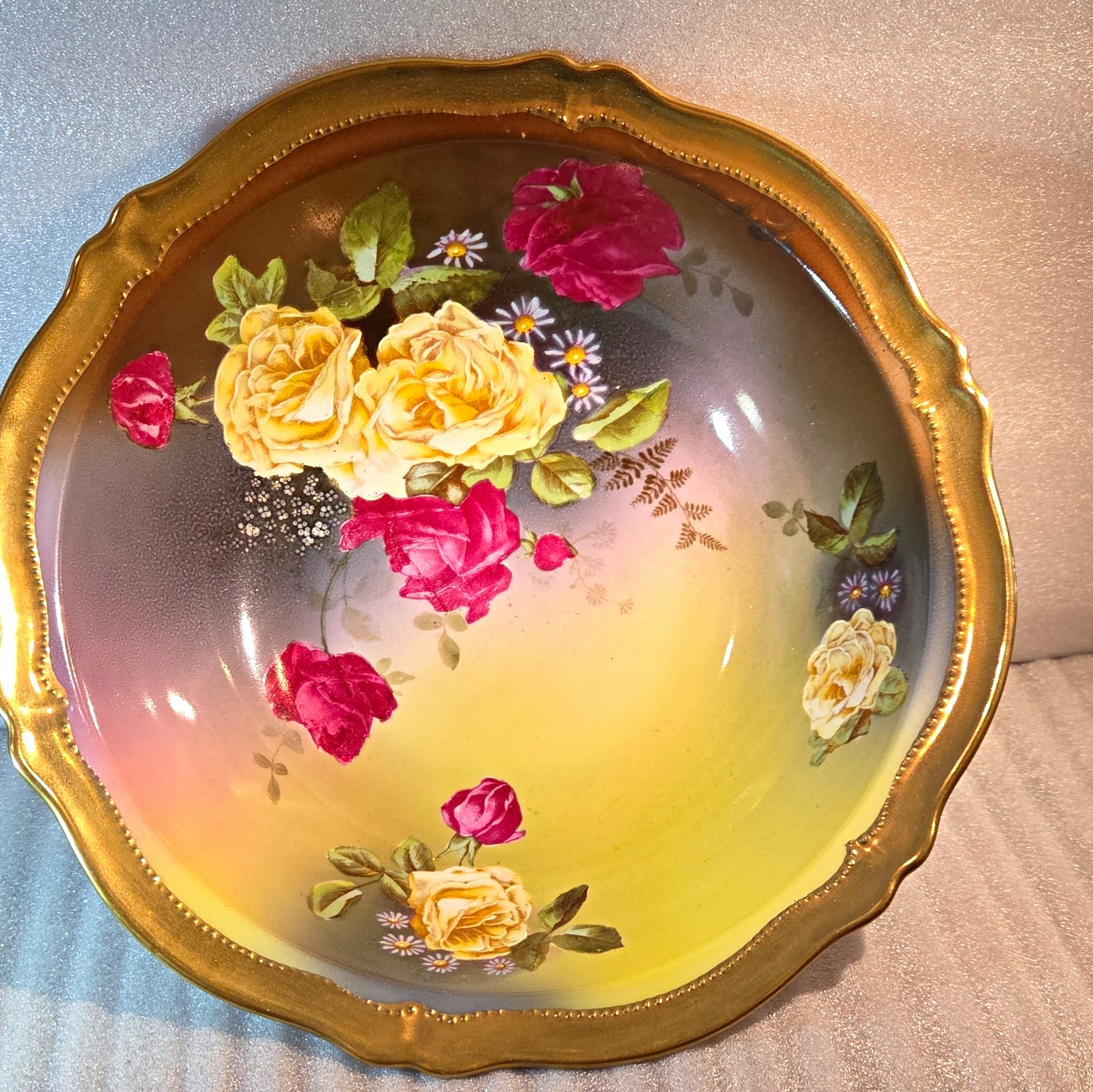 O.F. G. Royal Austria Decorative Porcelain Bowl Floral Gold Rim 10 in