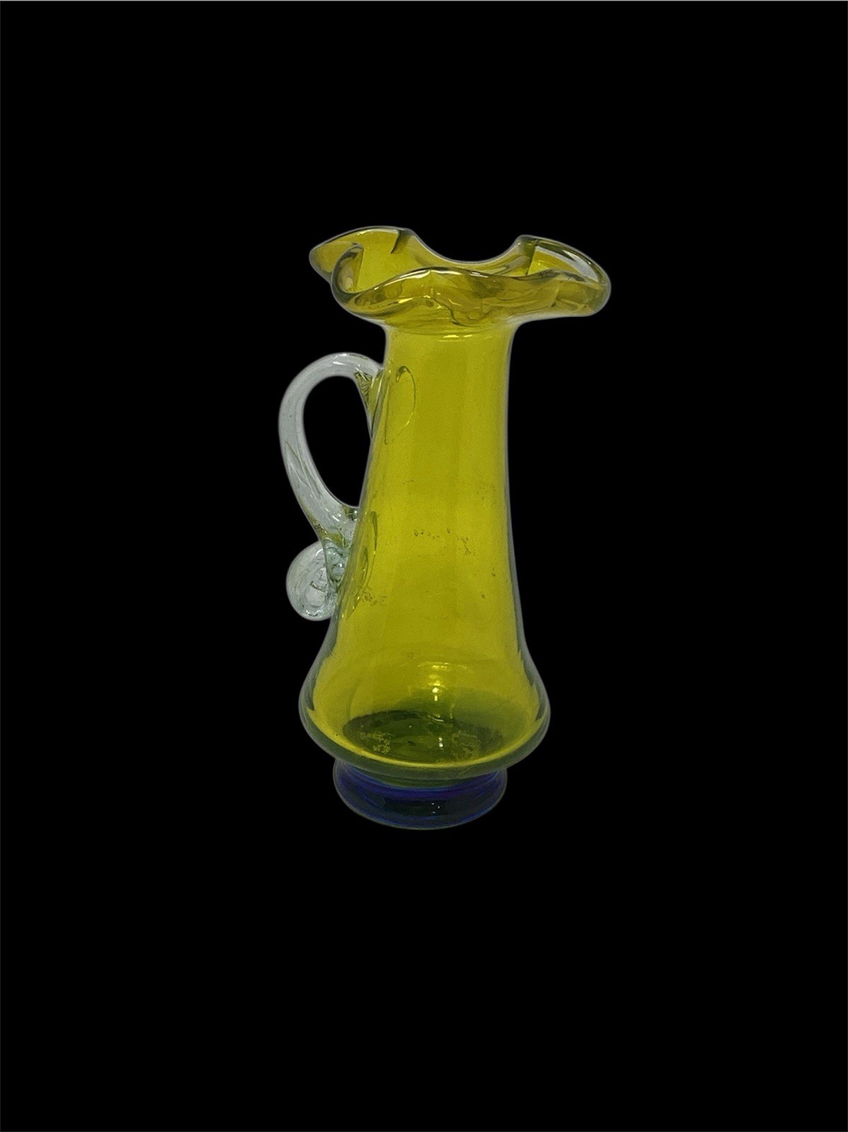 Vtg MCM Yellow Glass Small Pitcher Clear Handle Cobalt Blue Base 6”