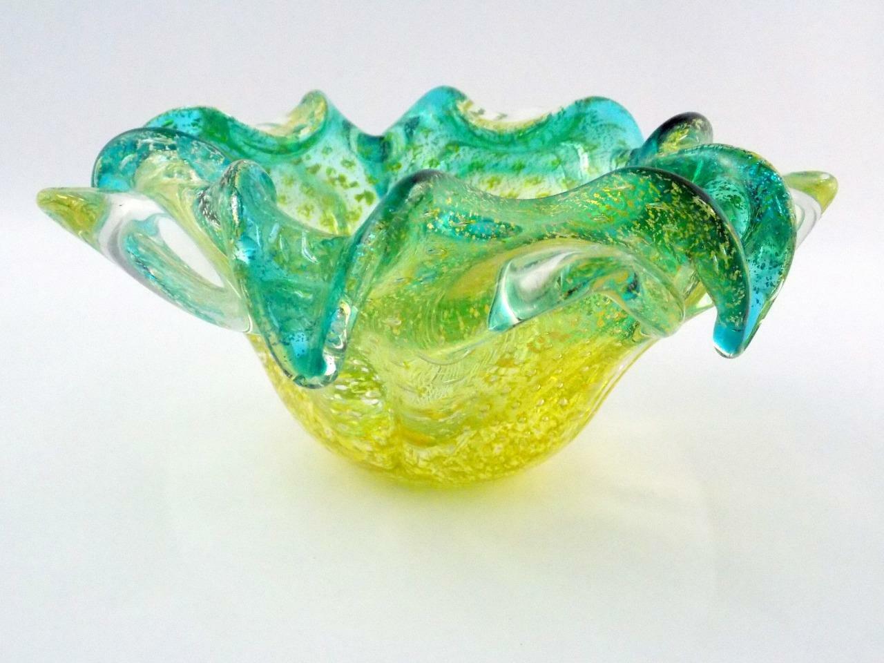 Italian Art Glass Polished Base Controlled Bubble Flower Bowl Green Blue V GOOD