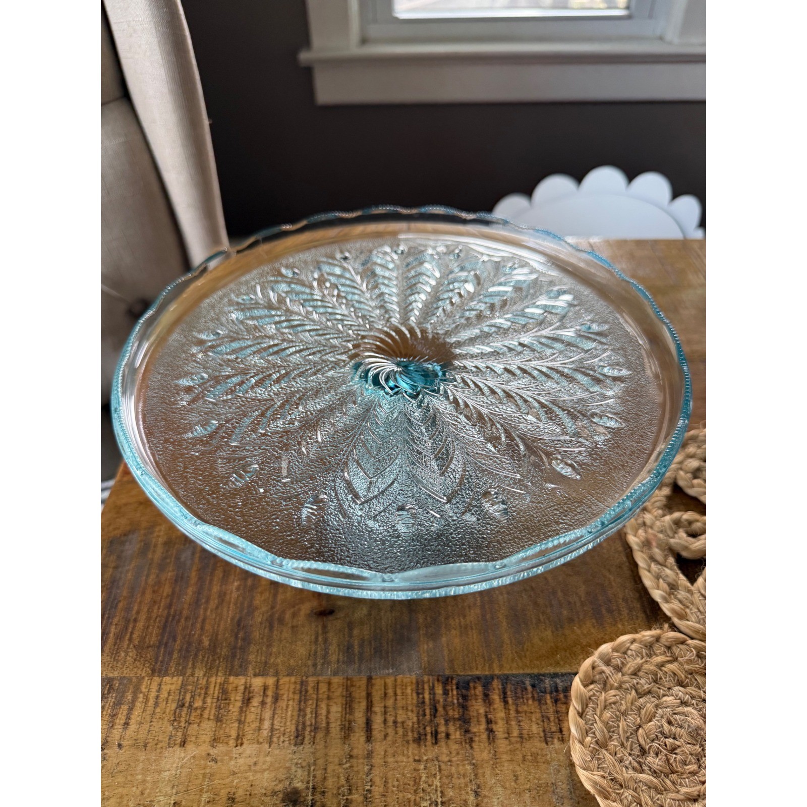 Jeannette Glass Feather Pattern Cake Stand Ice Blue Excellent 50s Vintage
