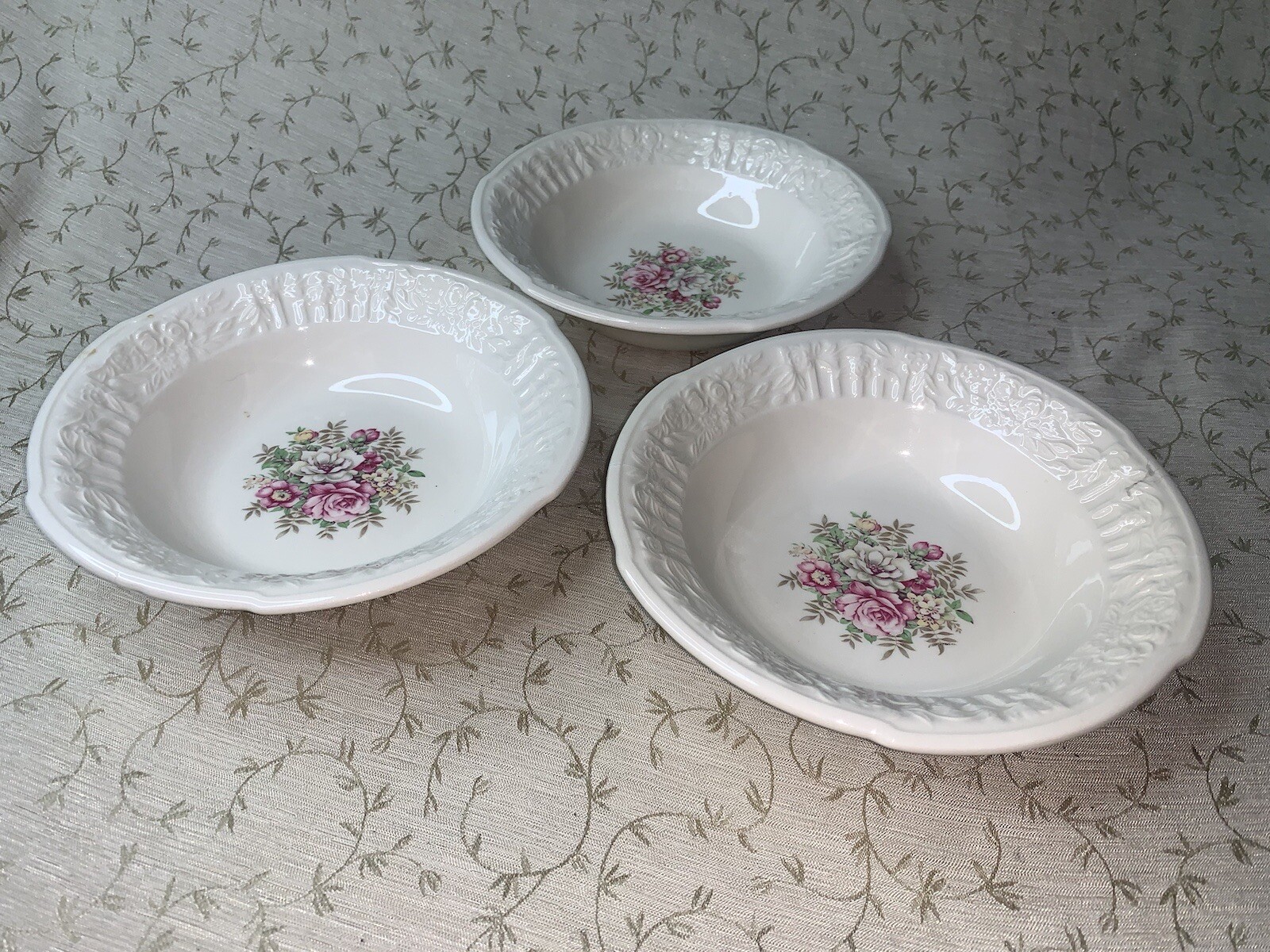 Vtg French Saxon China 6” Floral Bouquet Scalloped Embossed Edge Bowls Set Of 3