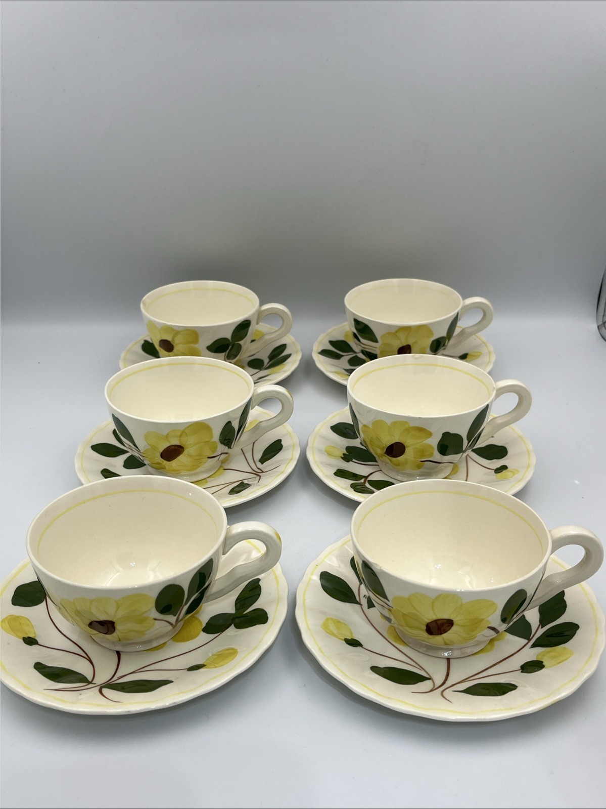 Blue Ridge Pottery Yellow Nocturne Set Of 6 Tea Cups & Saucers 3 Cups Have Chip