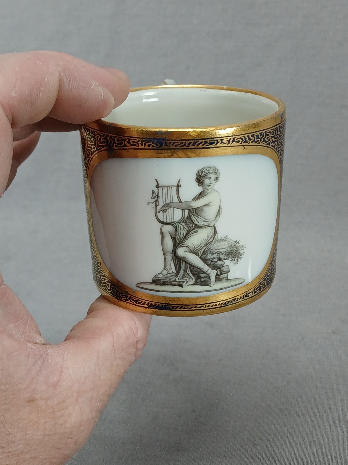 KPM Berlin Hand Painted Neoclassical Figures Cobalt & Gold Cup & Saucer C. 1790