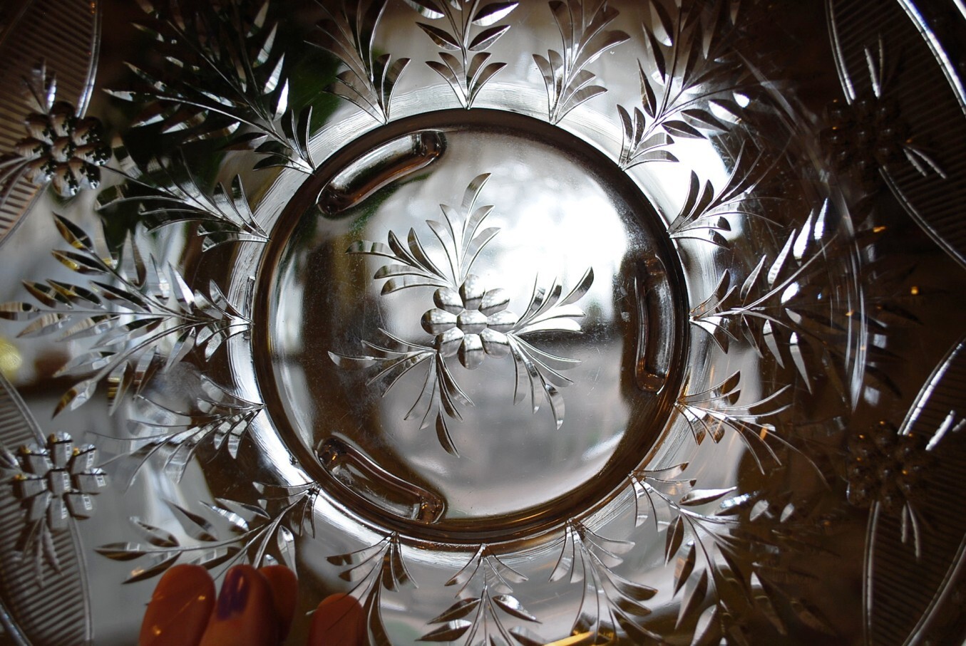 Vintage ROCK SHARPE Crystal FOOTED WIDE BOWL Clear Cut Floral & Dots 12.25″ EXC
