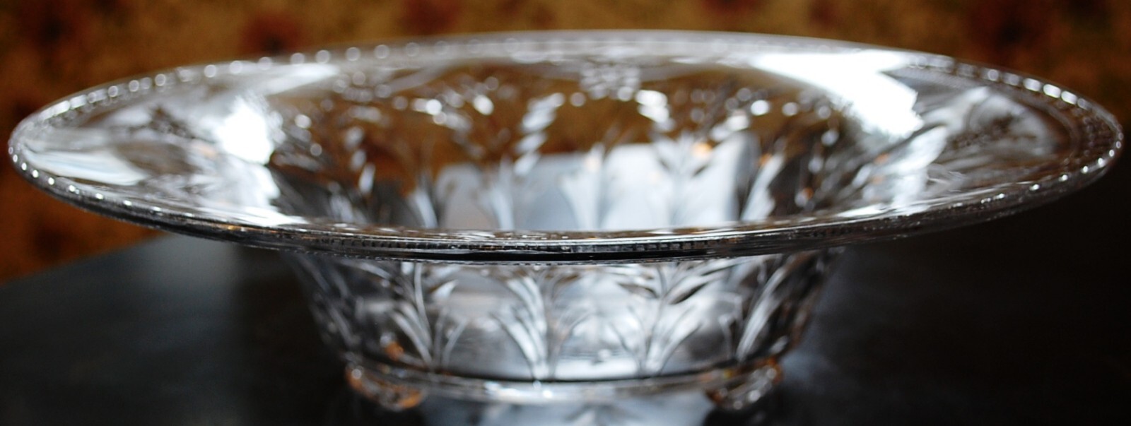 Vintage ROCK SHARPE Crystal FOOTED WIDE BOWL Clear Cut Floral & Dots 12.25″ EXC