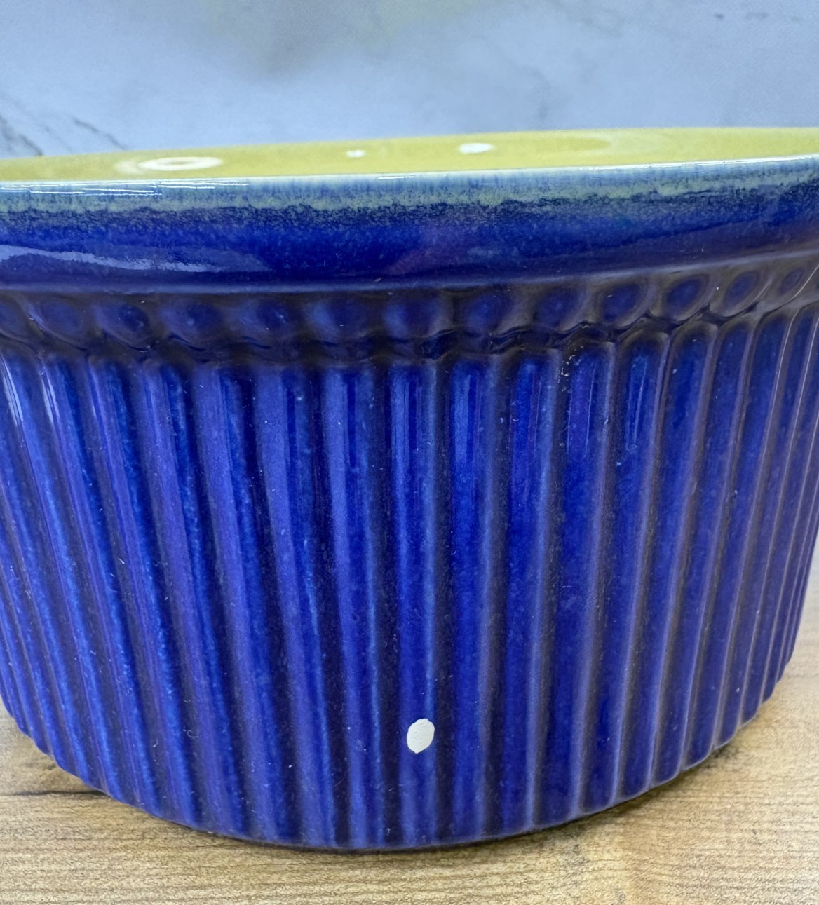 Dansk Soufflé / Casserole Dish Cobalt Blue & Yellow Ceramic Ribbed # 315