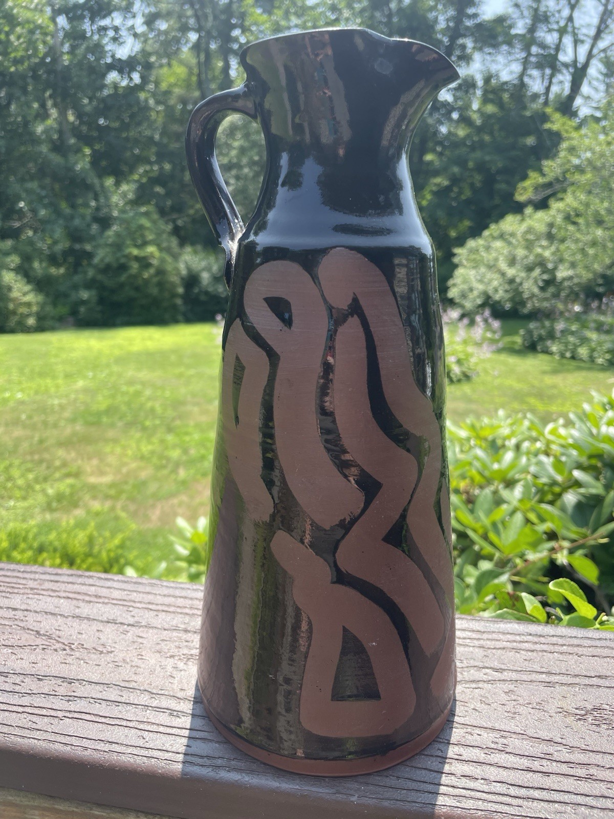 Redware Art Pottery Pitcher Vase Signed SE Abstract Mashiko Style