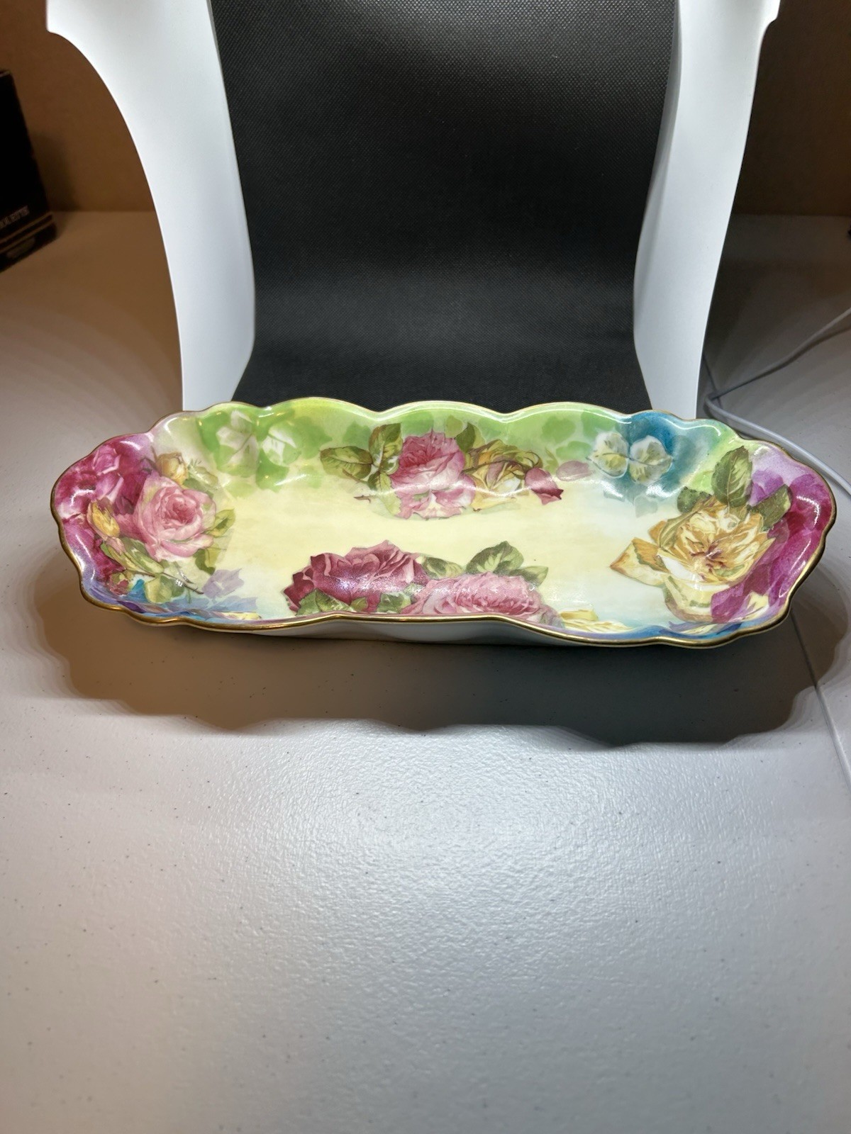 Coronet Limoges France Rose Rectangle Ceramic Celery Dish 12 3/8 by 5 inches.