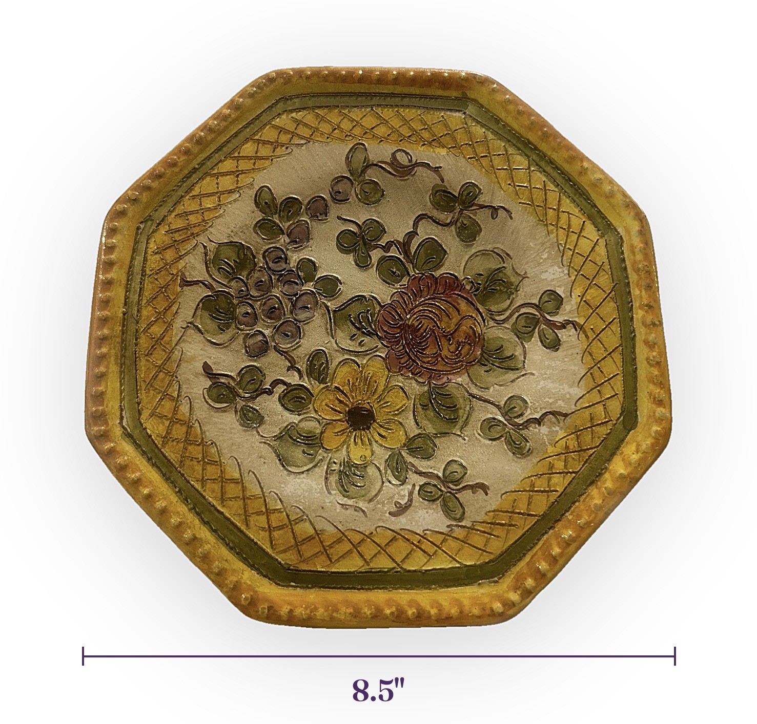 Italian Hand Painted Octagonal Ceramic Plate Fruit Floral 8.5″ Dipinto a Mano