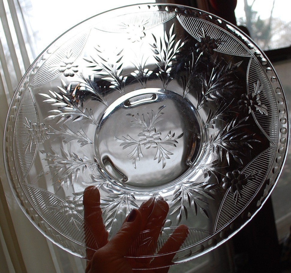 Vintage ROCK SHARPE Crystal FOOTED WIDE BOWL Clear Cut Floral & Dots 12.25″ EXC